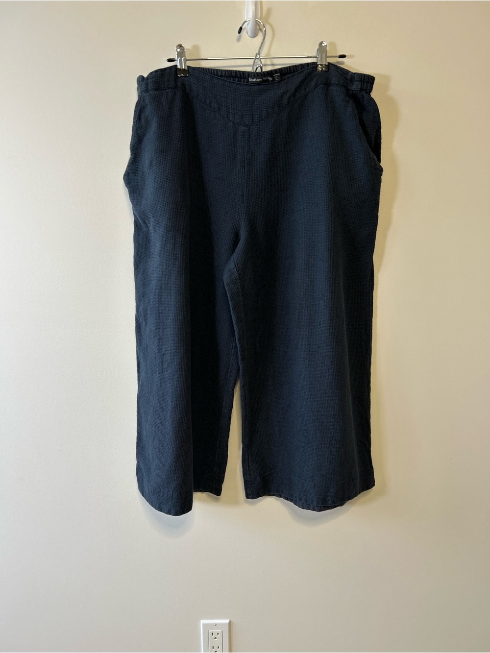 Gudrun Sjoden Women XL Navy Wide Leg Linen Blend Pants Cropped Waffle lagenlook
